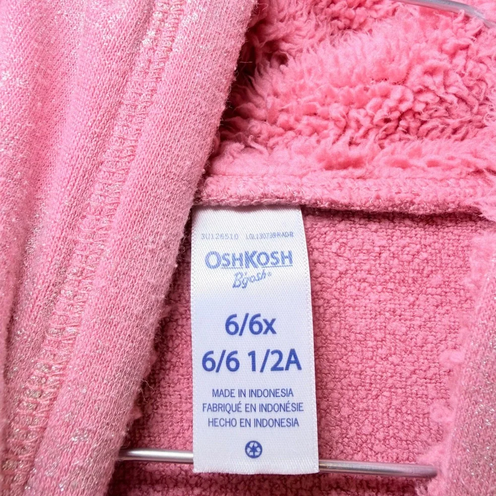 OshKosh Bgosh Girls Pink Shimmer Glitter Hoodie Sherpa Lined Hood Size 6‎ 6x